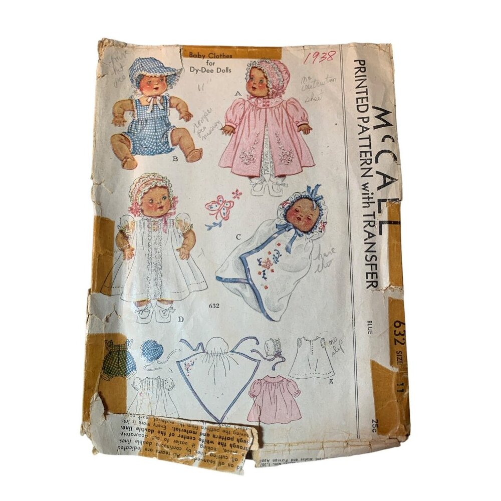 McCall 632 Printed Pattern Dy-Dee 11" Dolls Baby Clothes 1938 Vintage